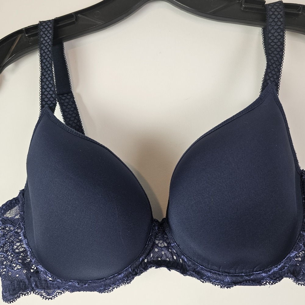 Simone Perele Bra 36B Plunge 12A316 Caresse 3D‎ Plunge Navy Blue Lace Trim